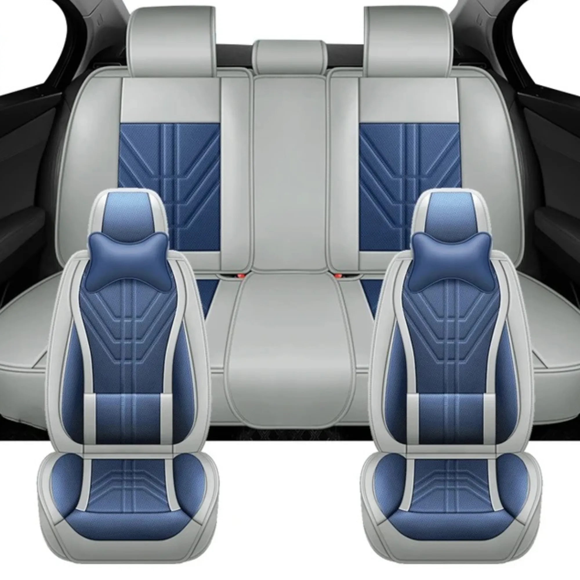 5 Universal Full Set Pu Leather Car Seat Covers With Memory Foam Headrests Yb-402 Grey And Blue
