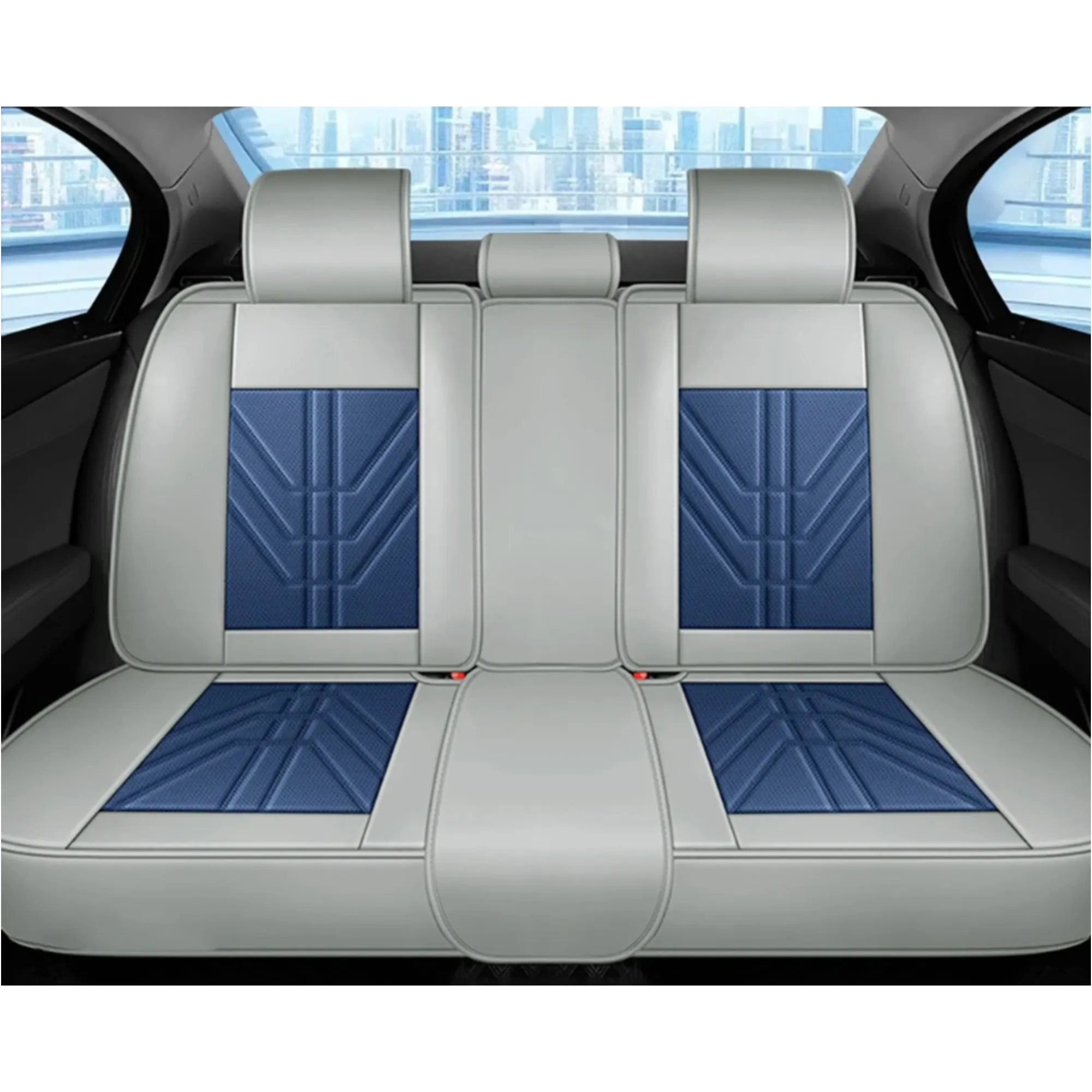 5 Universal Full Set Pu Leather Car Seat Covers With Memory Foam Headrests Yb-402 Grey And Blue