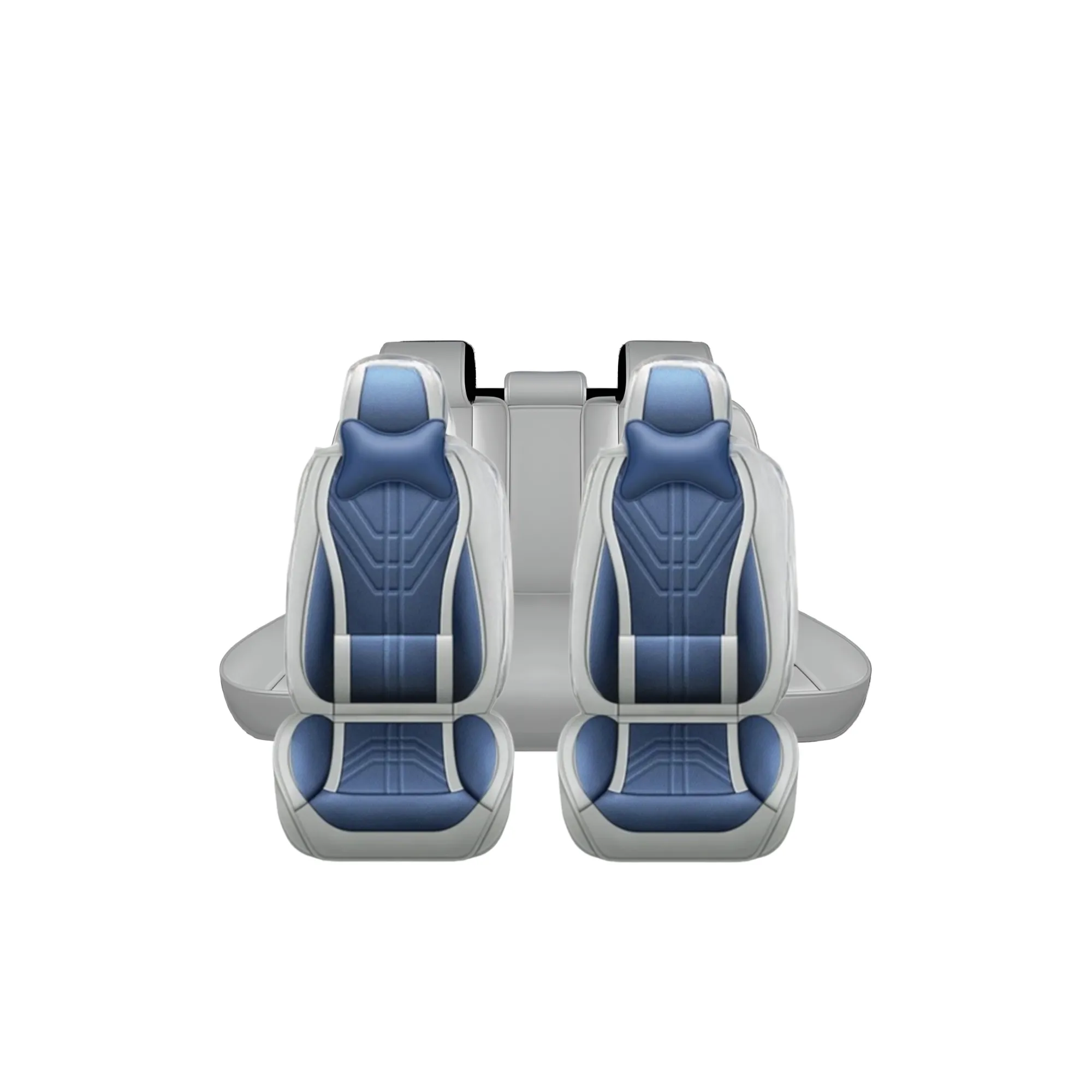 5 Universal Full Set Pu Leather Car Seat Covers With Memory Foam Headrests Yb-402 Grey And Blue