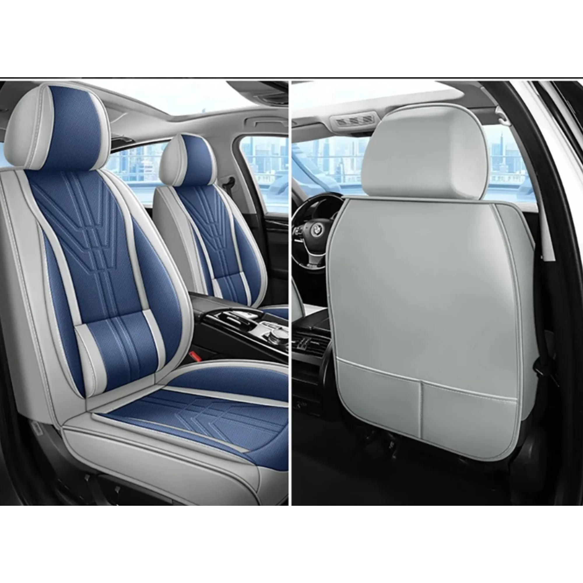 5 Universal Full Set Pu Leather Car Seat Covers With Memory Foam Headrests Yb-402 Grey And Blue