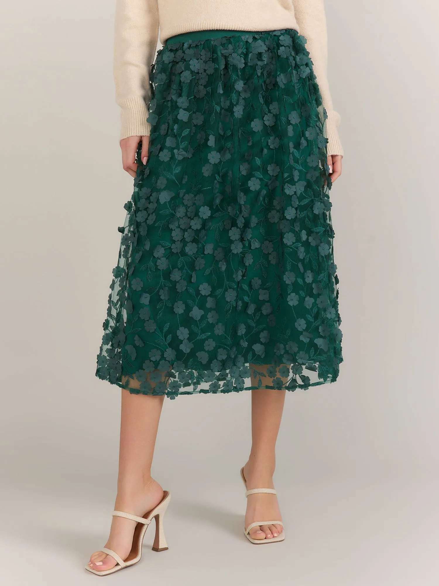 A-Line Floral Applique Mesh Skirt - Lena