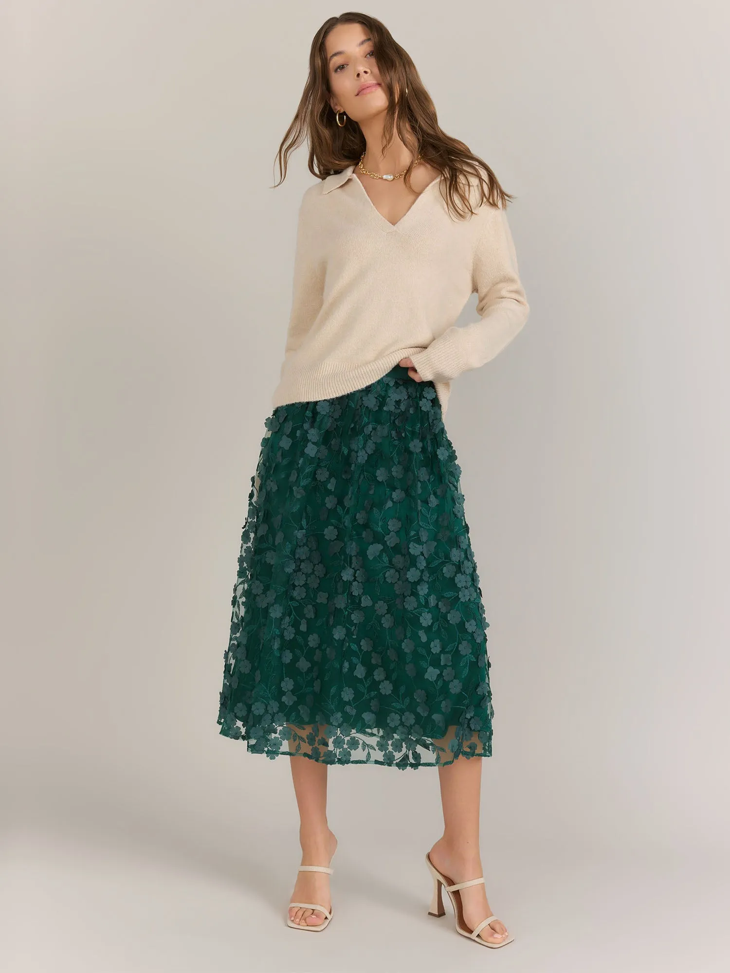 A-Line Floral Applique Mesh Skirt - Lena