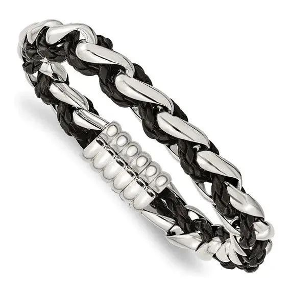 Braided Chain and Black Leather Bracelet