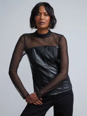 Faux-Leather Mesh-Inset Mock-Neck Corset Top