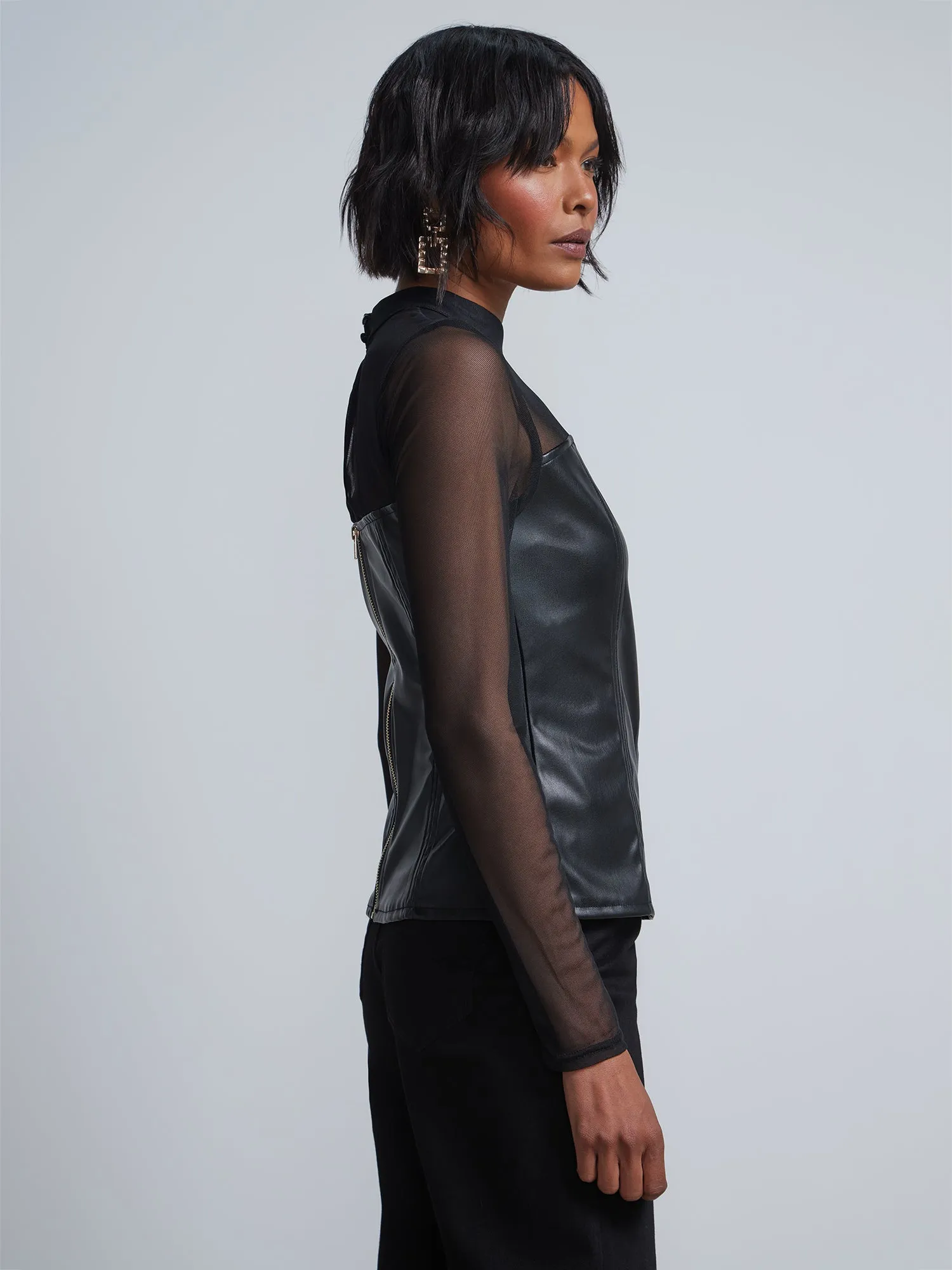 Faux-Leather Mesh-Inset Mock-Neck Corset Top