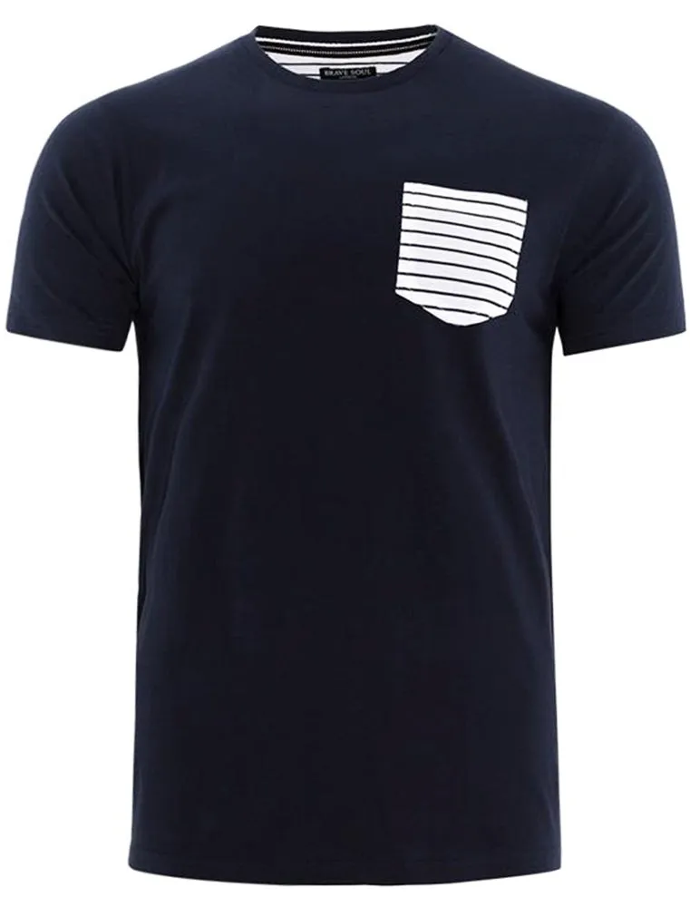 Generate Cotton T-Shirt with Striped Pocket in Navy