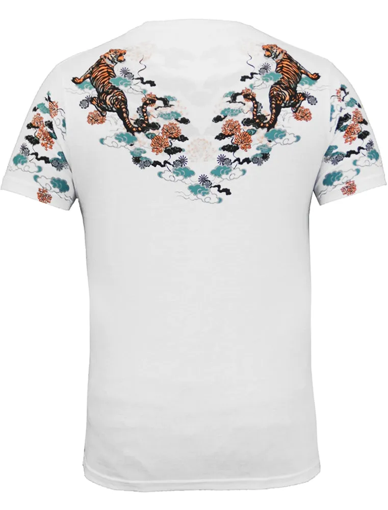 Gozen Tiger Print Crew Neck T-Shirt in White