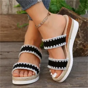 Hemp Rope Woven Wedge Slippers Summer Ethnic Style Sandals Double Wide Strappy Shoes For Women