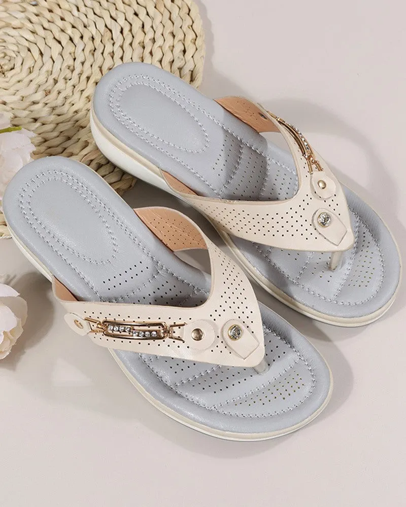 Hollow Out Flip Flops Metal Decor Wedge Sandals