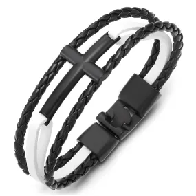 Horizontal Sideway Lateral Cross Black White Braided Leather Wristband Bangle Bracelet, Three-Row