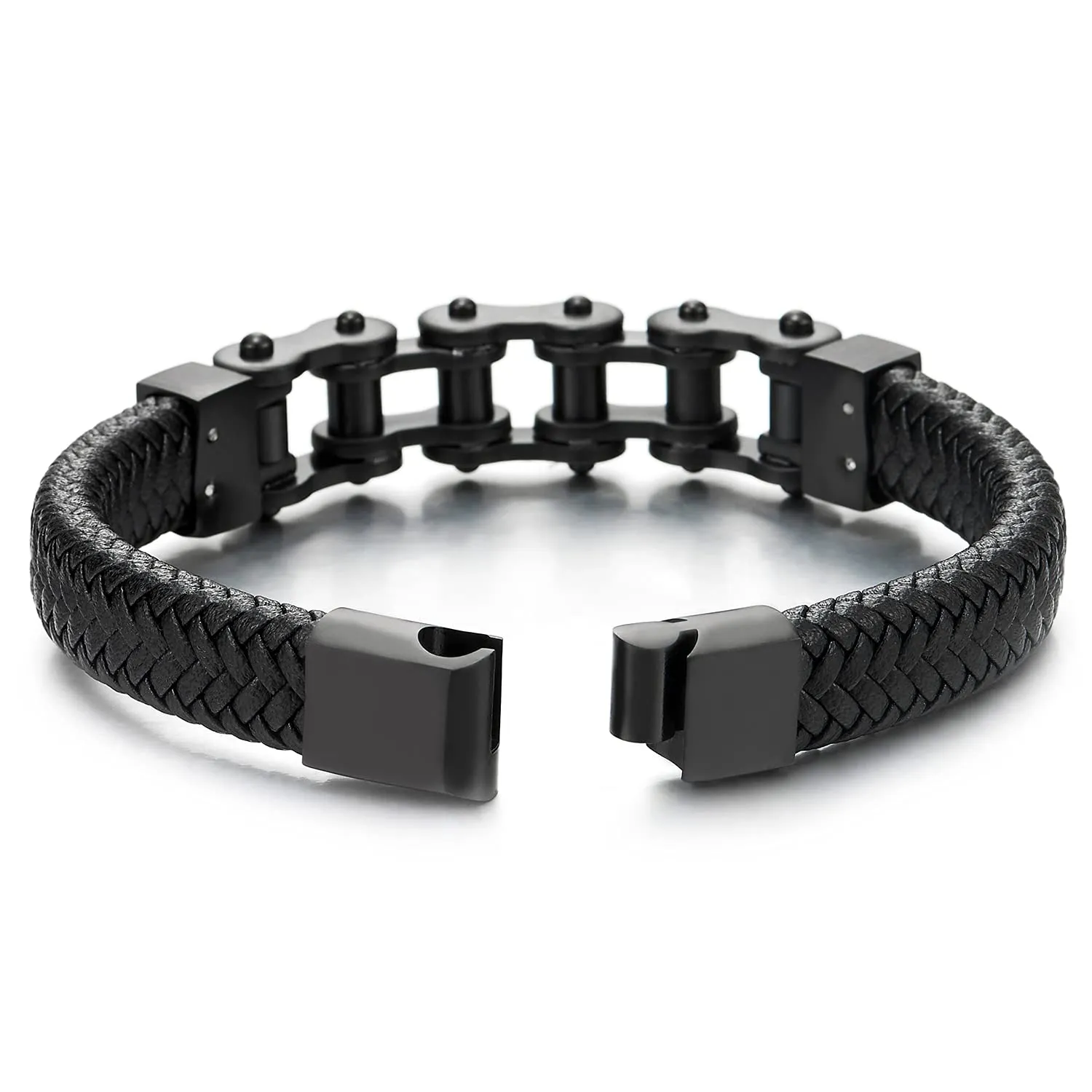 Men Stainless Steel Black Motorcycle Bike Chain Bracelet Black Braided Leather Bangle Magnetic Clasp