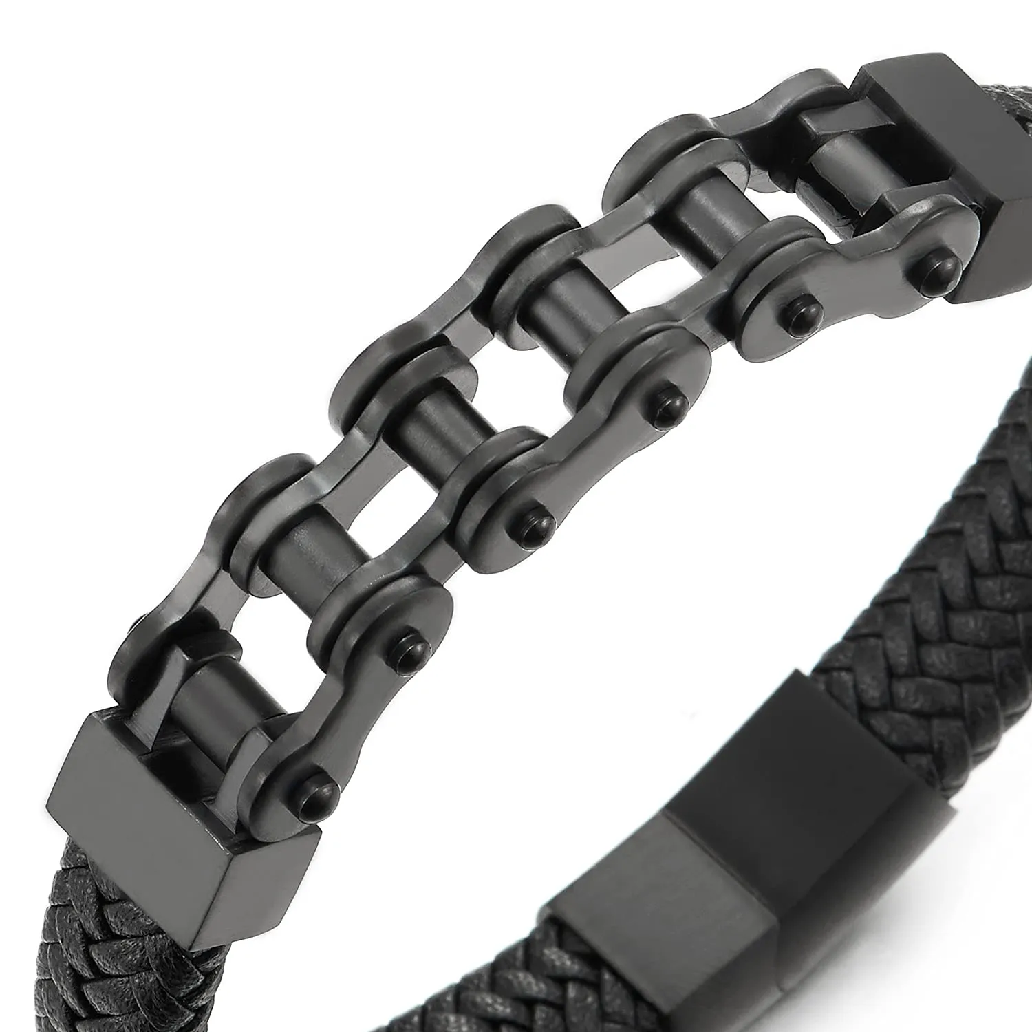 Men Stainless Steel Black Motorcycle Bike Chain Bracelet Black Braided Leather Bangle Magnetic Clasp