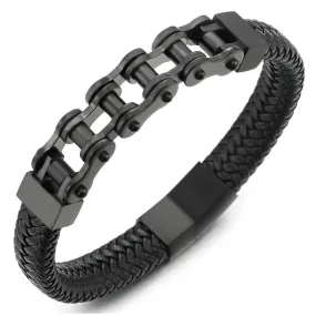 Men Stainless Steel Black Motorcycle Bike Chain Bracelet Black Braided Leather Bangle Magnetic Clasp