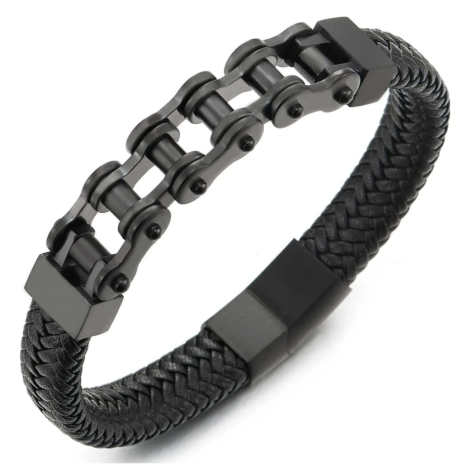 Men Stainless Steel Black Motorcycle Bike Chain Bracelet Black Braided Leather Bangle Magnetic Clasp