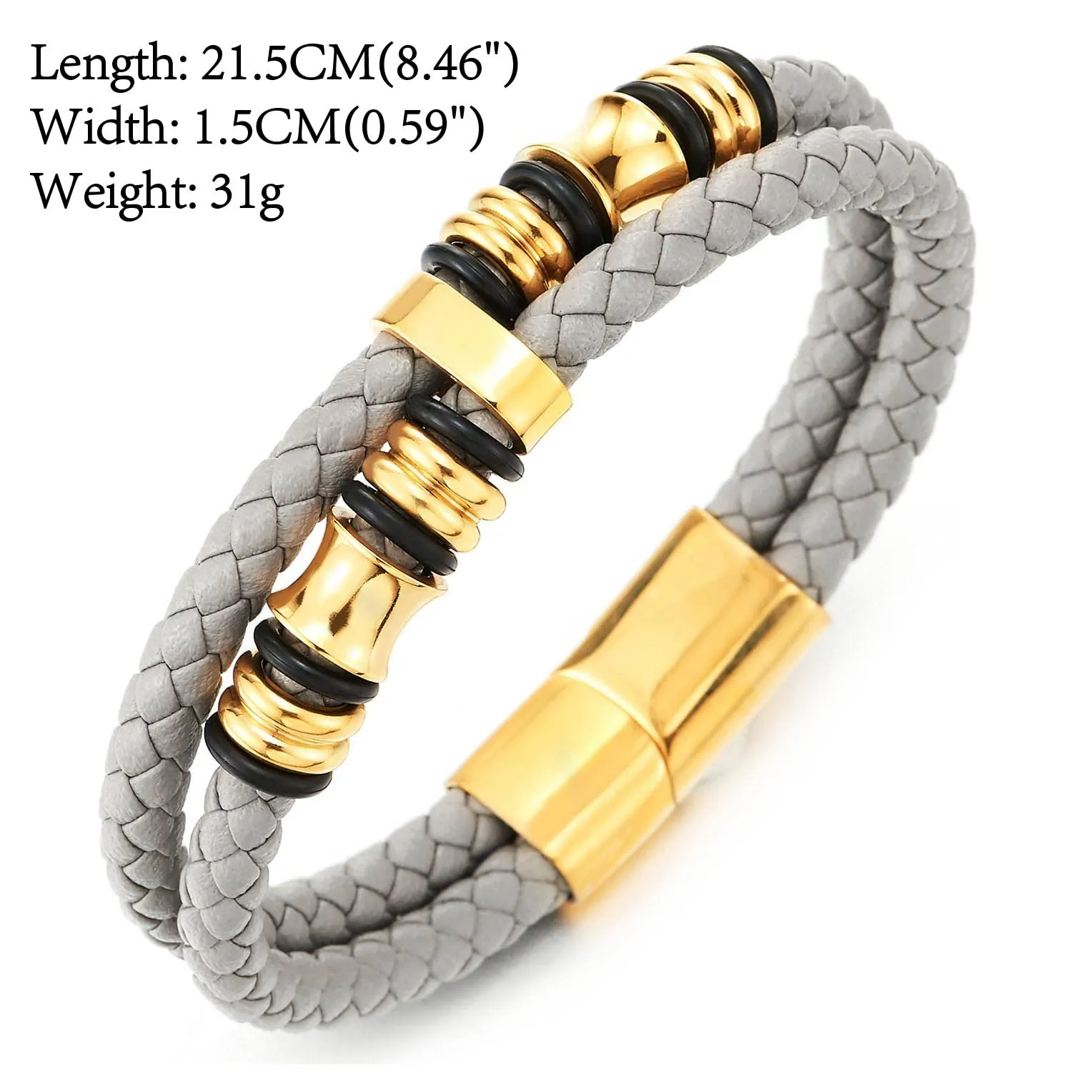 Mens Double-Row Beige Grey Braided Leather Bracelet Bangle Wristband with Gold Steel Ornaments