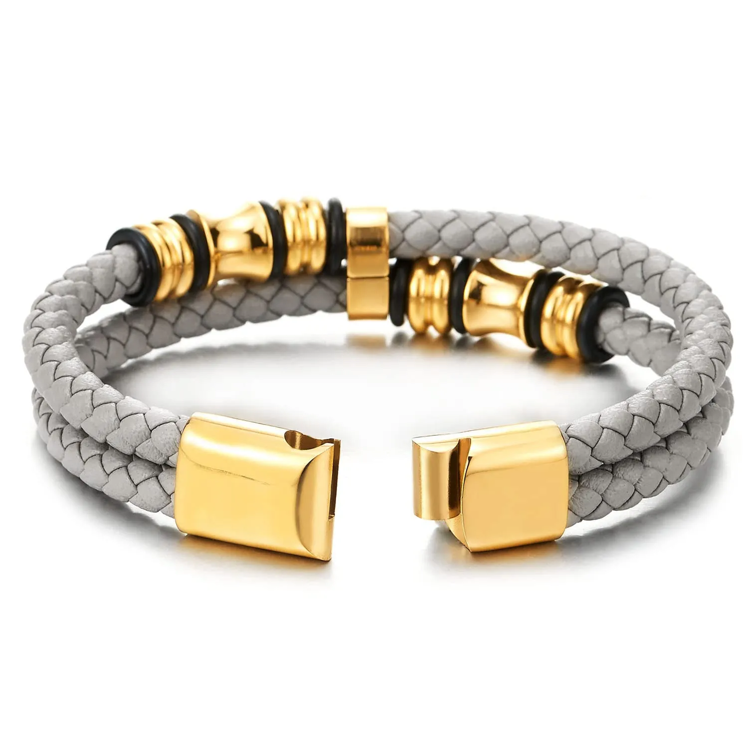 Mens Double-Row Beige Grey Braided Leather Bracelet Bangle Wristband with Gold Steel Ornaments