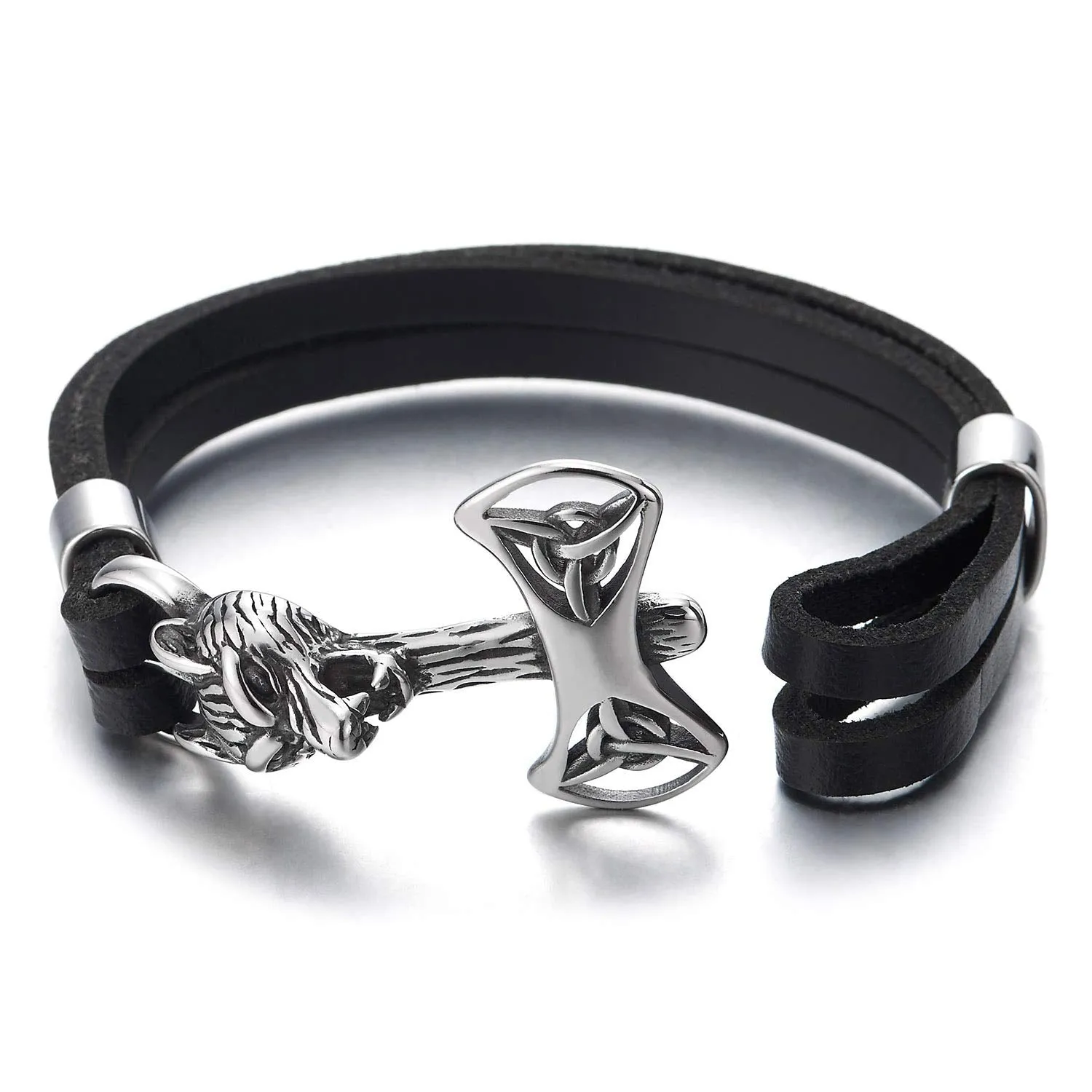 Mens Multi-Strand Black Leather Bracelet with Vintage Steel Trinity Celtic Knot Axe Wolf Head Hook