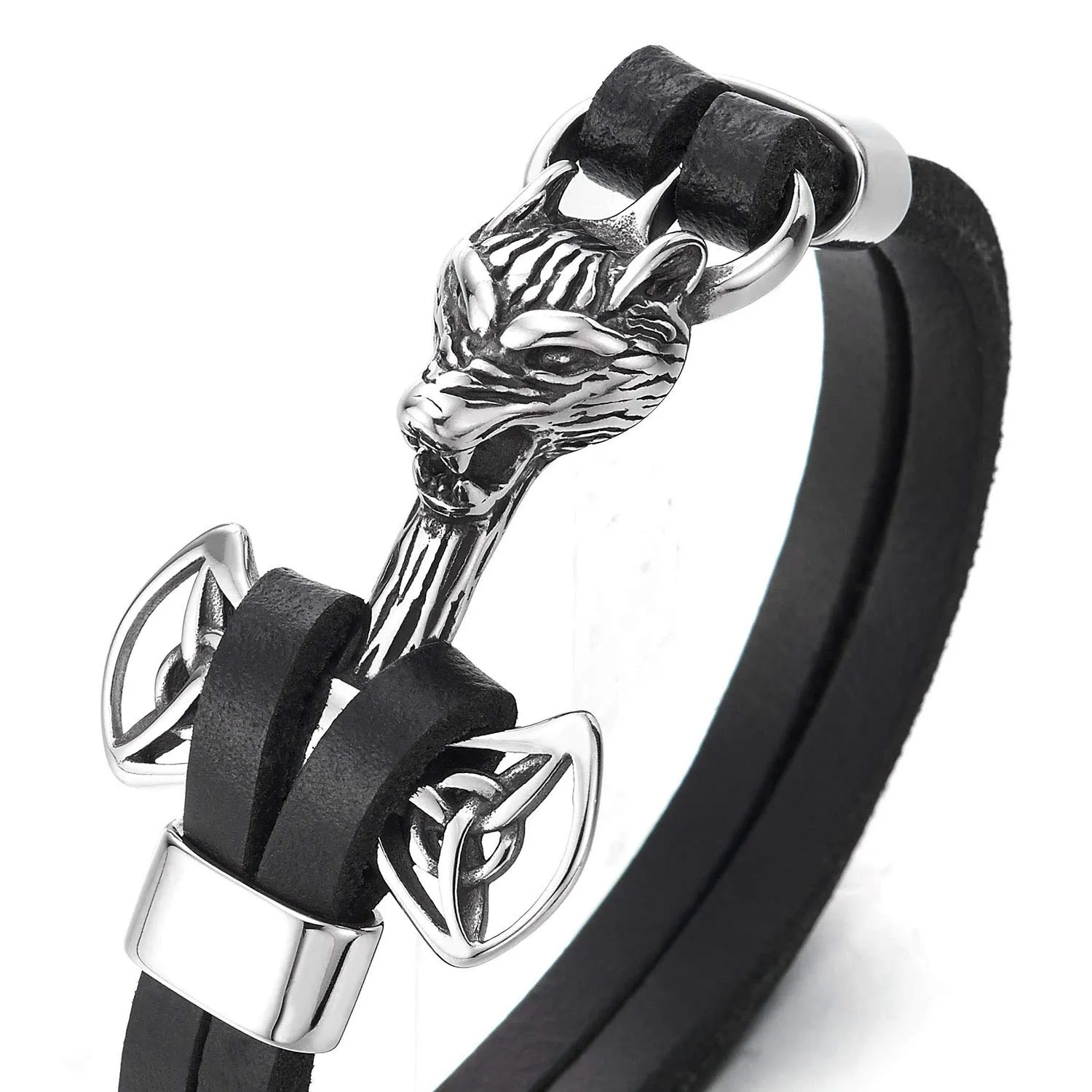 Mens Multi-Strand Black Leather Bracelet with Vintage Steel Trinity Celtic Knot Axe Wolf Head Hook