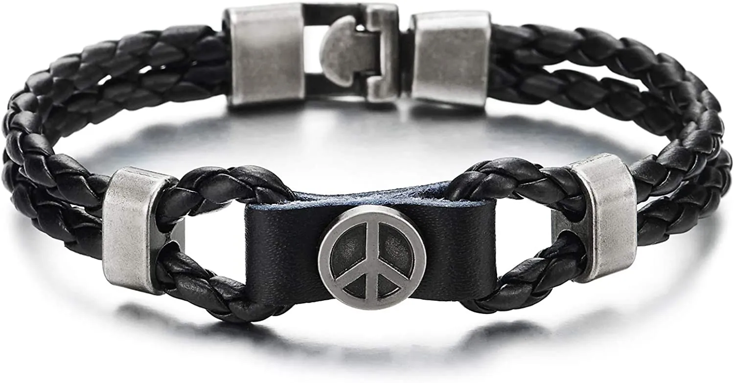 Mens Women Braided Leather Bangle Bracelet with Anti-war Peace Sign Circle Charm