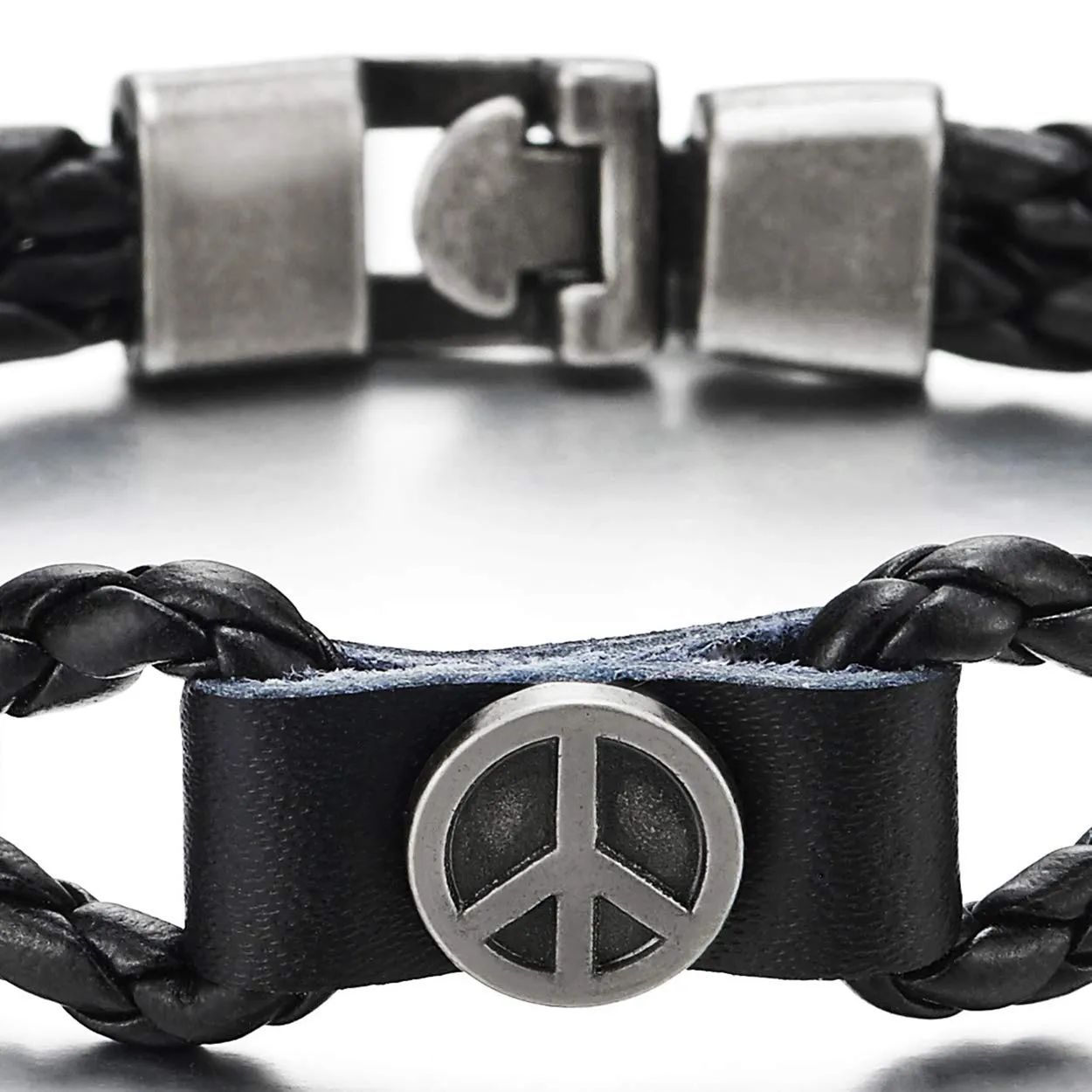 Mens Women Braided Leather Bangle Bracelet with Anti-war Peace Sign Circle Charm