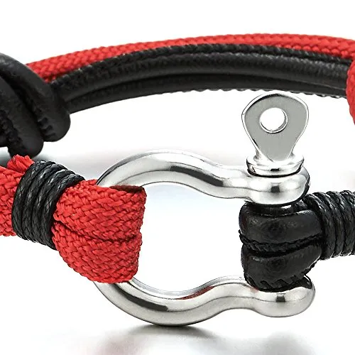 Mens Womens Steel Screw Anchor Shackles Red Nautical Sailor Rope Leather Braided Wrap Bracelet