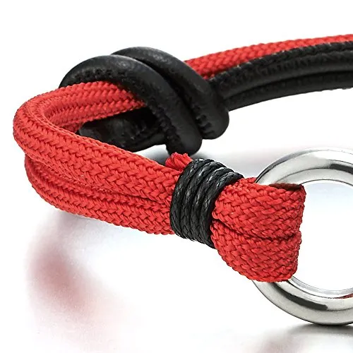 Mens Womens Steel Screw Anchor Shackles Red Nautical Sailor Rope Leather Braided Wrap Bracelet