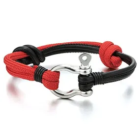 Mens Womens Steel Screw Anchor Shackles Red Nautical Sailor Rope Leather Braided Wrap Bracelet