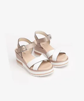 NERO GIARDINI LEATHER WEDGE SANDALS METALIC AND WHITE