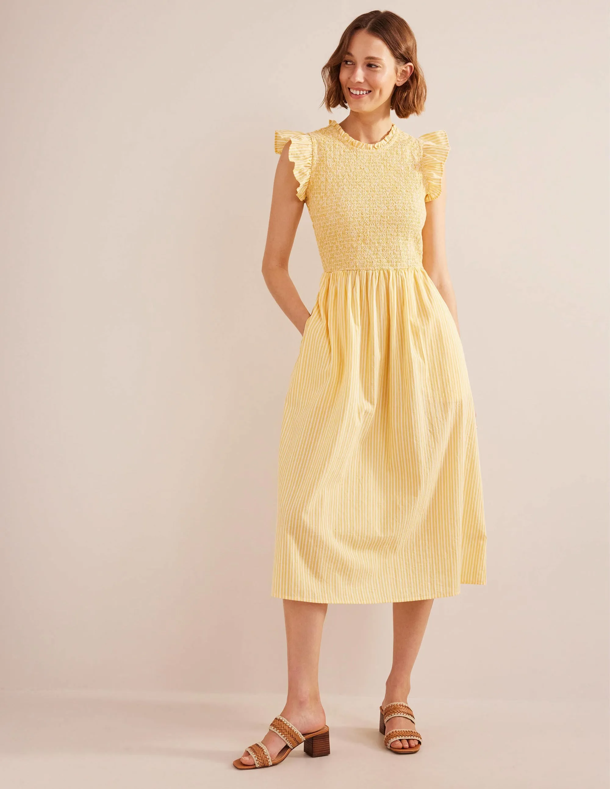 Smocked Bodice Midi Dress-Honeycomb, Leno Stripe