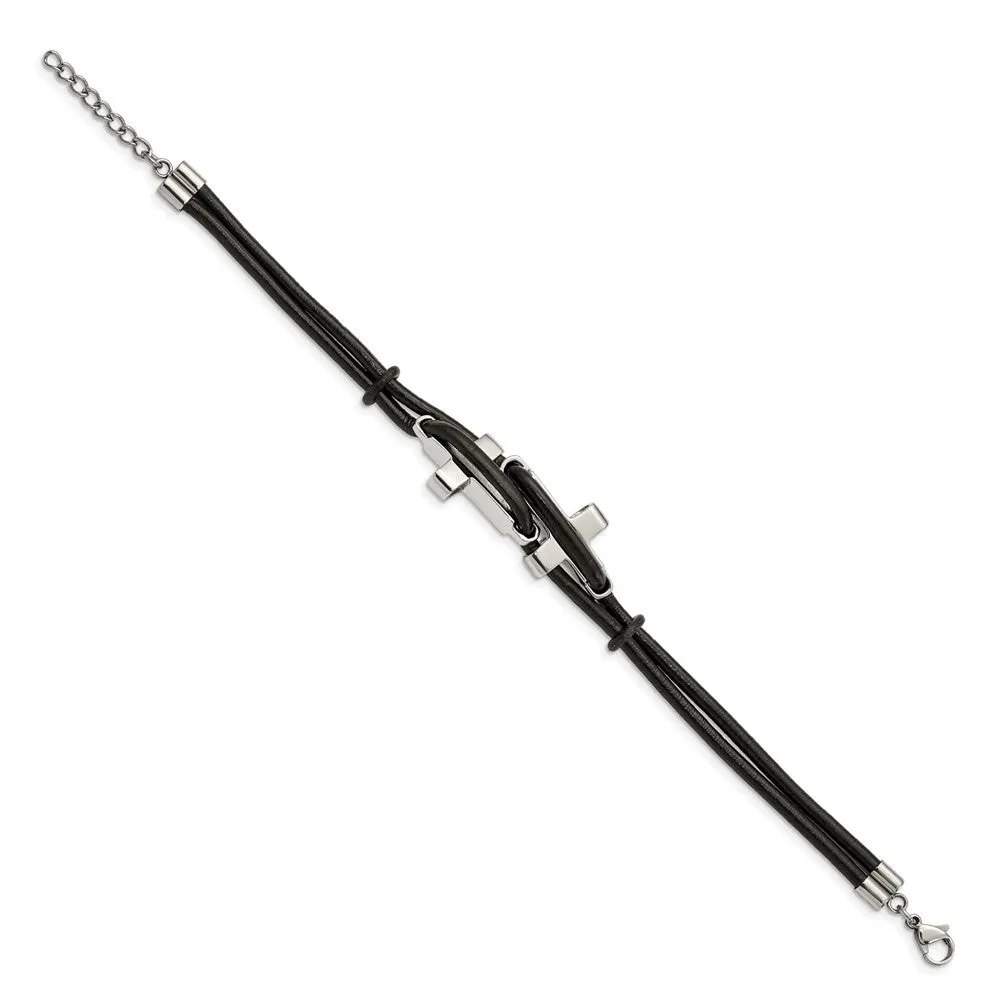 Stainless Steel Black Leather 8.25in Bracelet