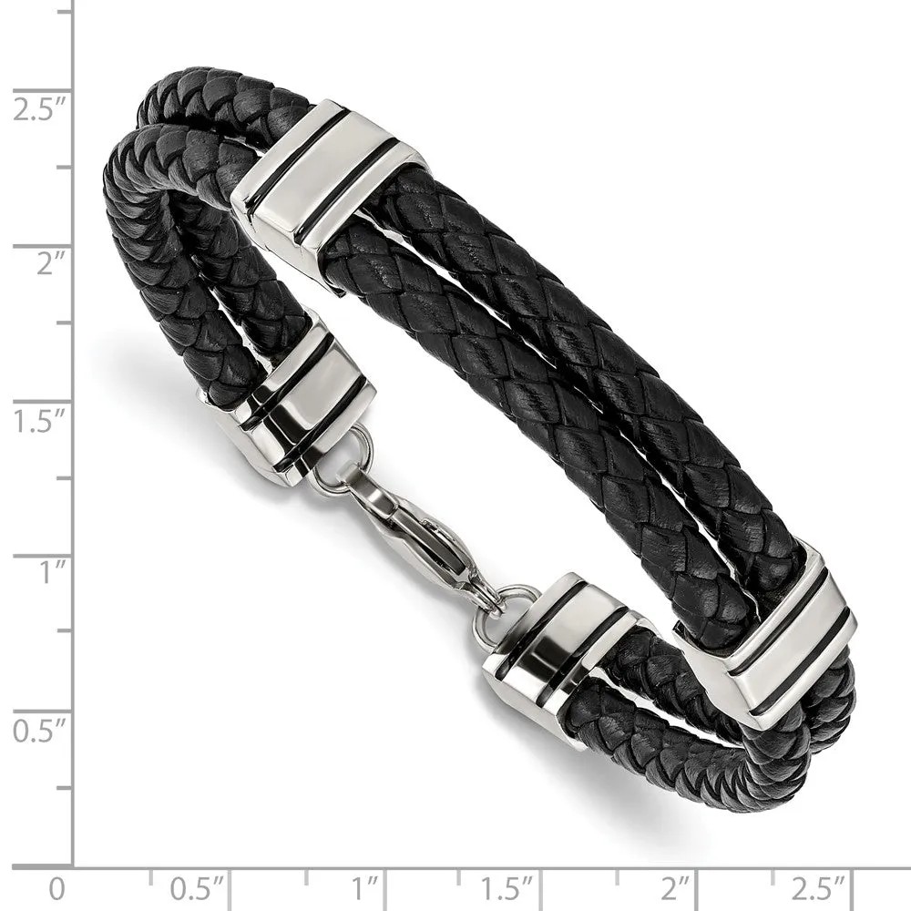 Stainless Steel Black Leather 9in Bracelet