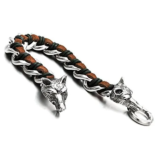Stainless Steel Mens Wolf Head Curb Chain Bracelet Interwoven with Black Genuine Braided Leather