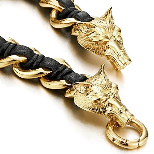 Stainless Steel Mens Wolf Head Curb Chain Bracelet Interwoven with Black Genuine Braided Leather