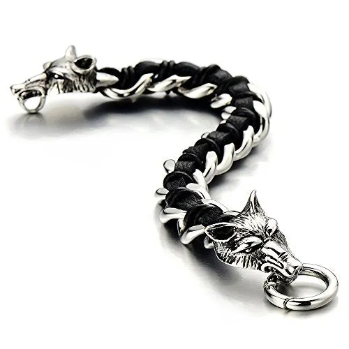 Stainless Steel Mens Wolf Head Curb Chain Bracelet Interwoven with Black Genuine Braided Leather