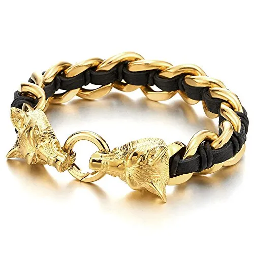 Stainless Steel Mens Wolf Head Curb Chain Bracelet Interwoven with Black Genuine Braided Leather