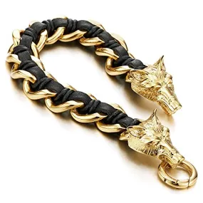Stainless Steel Mens Wolf Head Curb Chain Bracelet Interwoven with Black Genuine Braided Leather