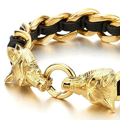 Stainless Steel Mens Wolf Head Curb Chain Bracelet Interwoven with Black Genuine Braided Leather