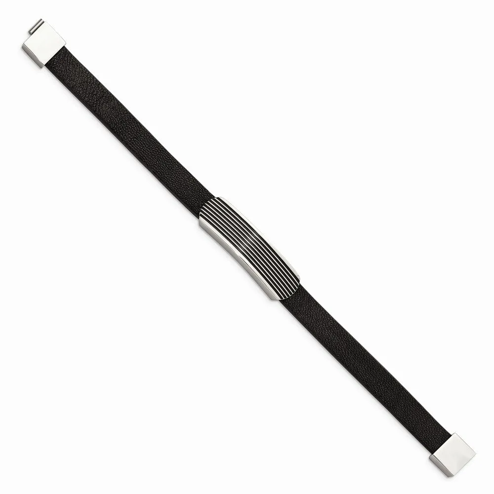Stainless Steel Polished Genuine Leather Enameled 8.5 inch Bracelet