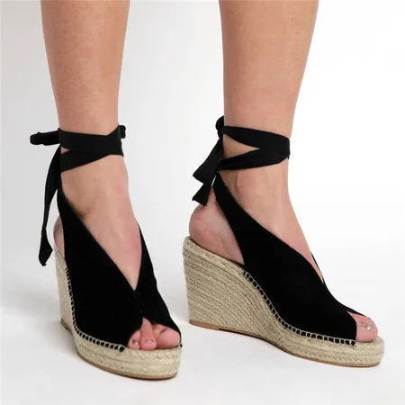 Straw wedge heel strap sandals - Women's shoes