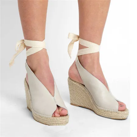 Straw wedge heel strap sandals - Women's shoes