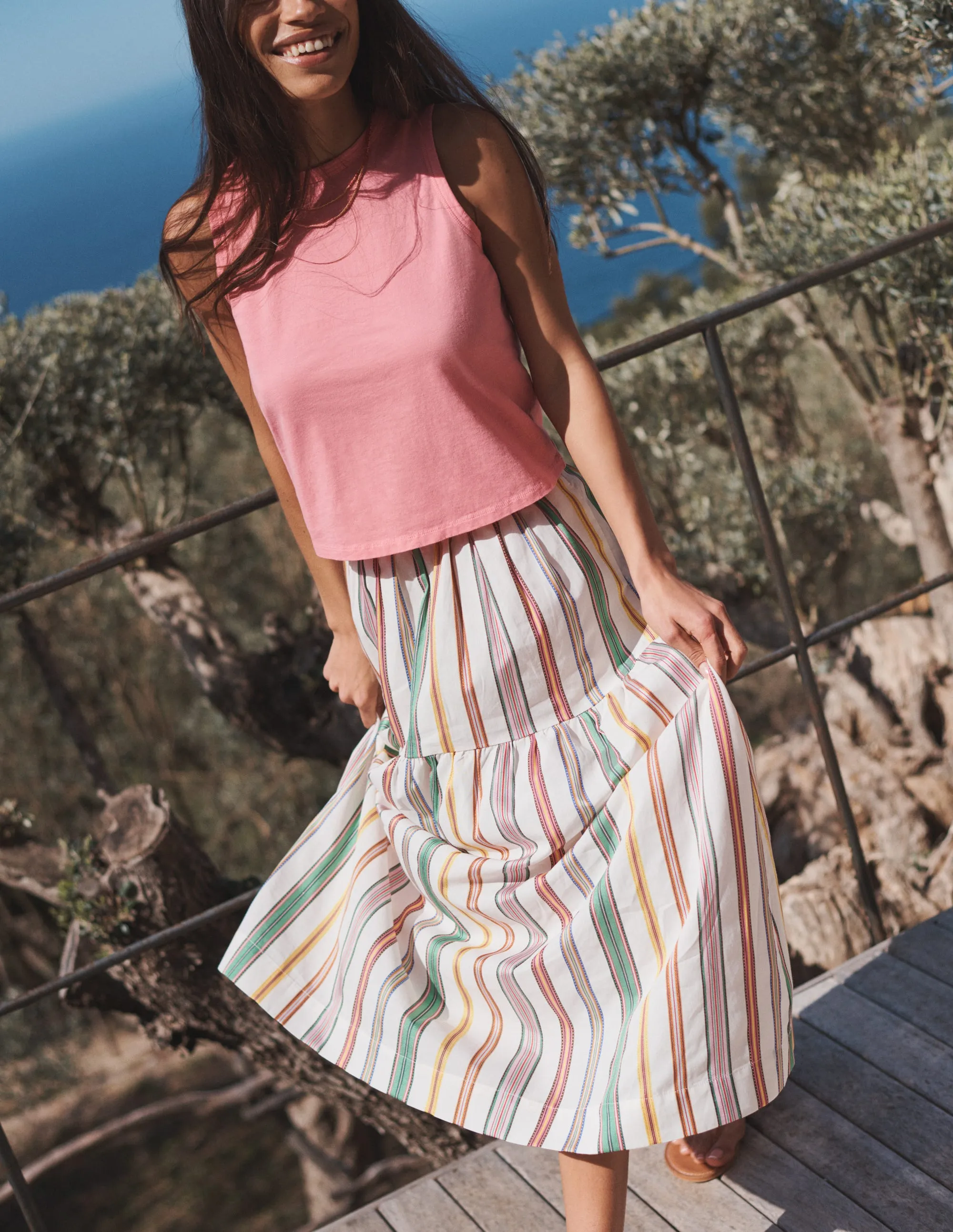 Striped Cotton Maxi Skirt-Ivory, Multi Stripe