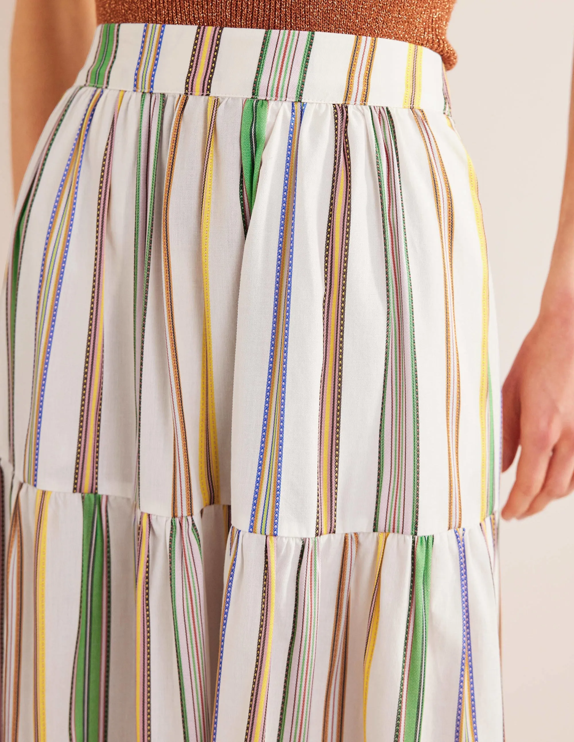 Striped Cotton Maxi Skirt-Ivory, Multi Stripe