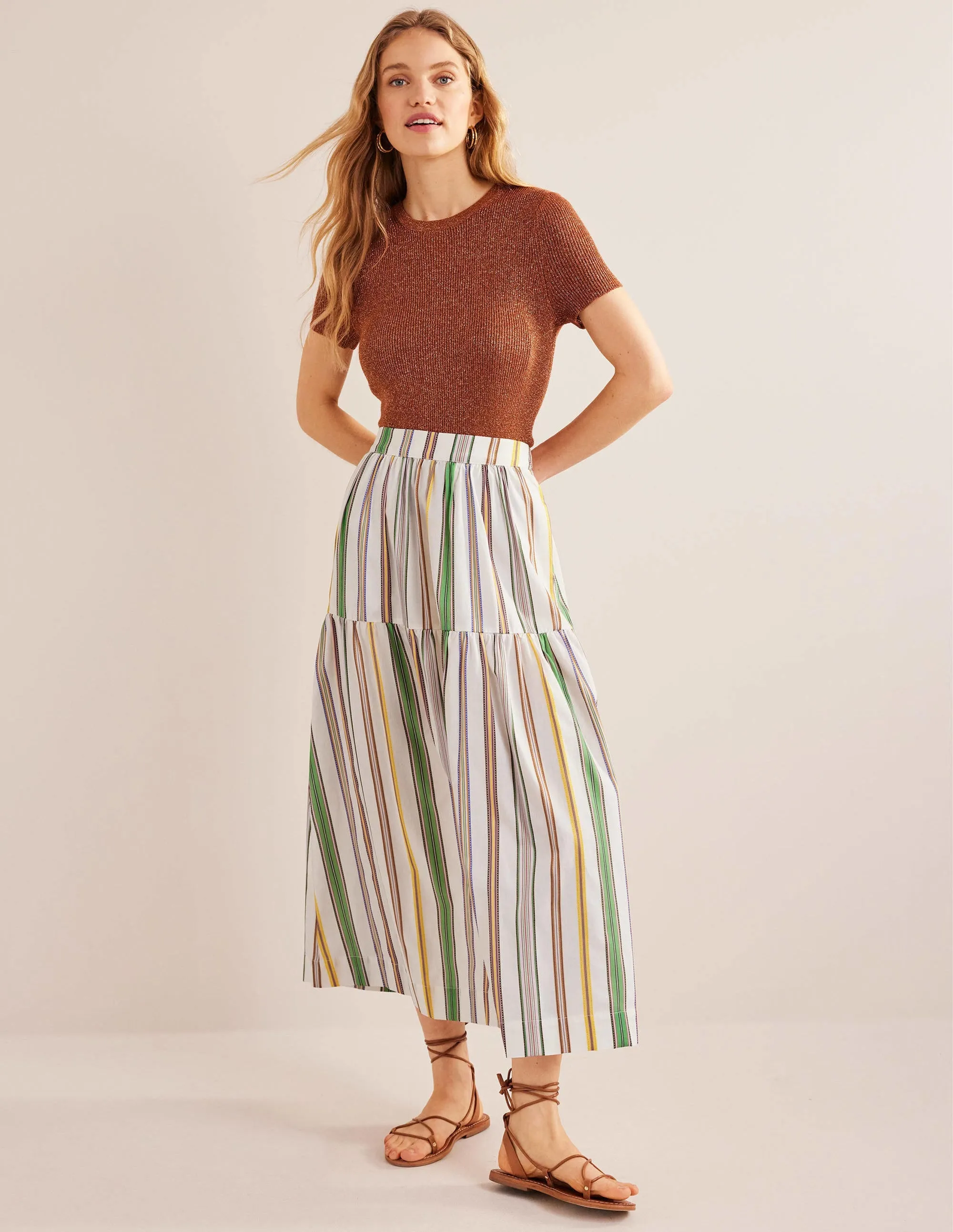 Striped Cotton Maxi Skirt-Ivory, Multi Stripe