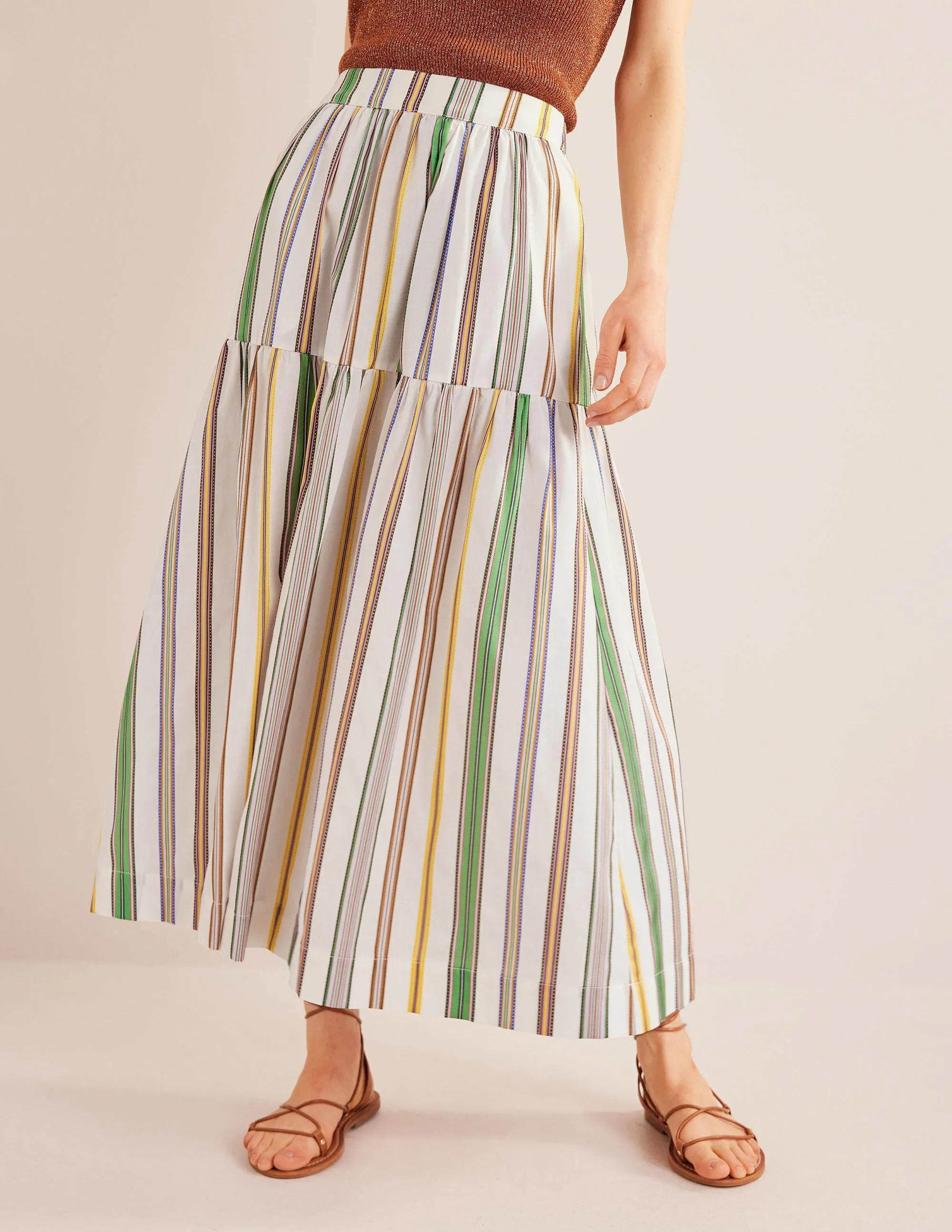 Striped Cotton Maxi Skirt-Ivory, Multi Stripe