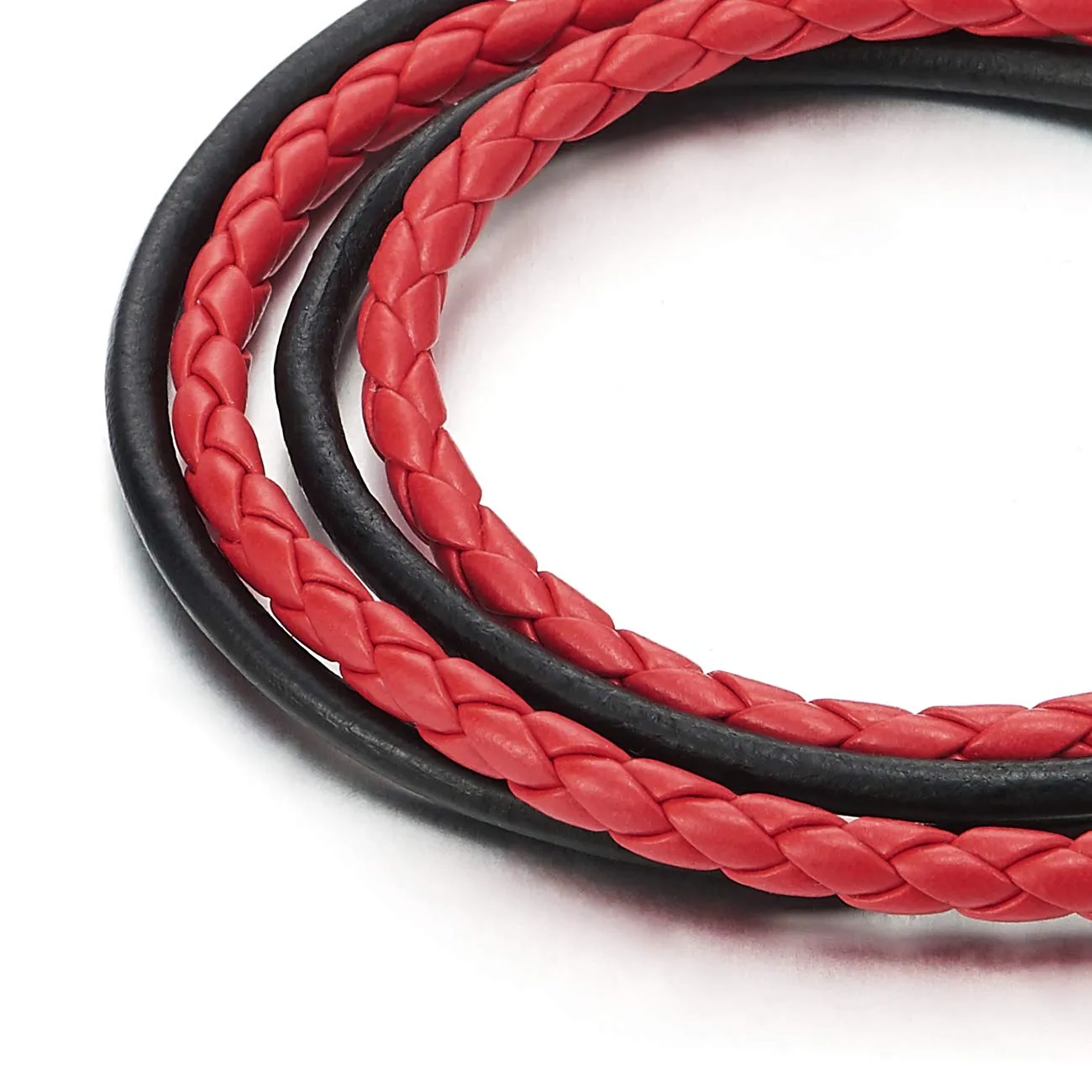 Two Strand Double Wrap Mens Women Braided Bracelet Genuine Black Red Leather with Magnetic Clasp