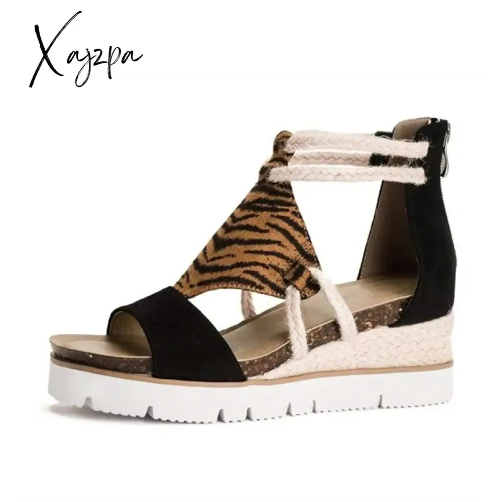 Xajzpa - Summer Women Sandals Peep Toe Leopard Wedge Platform Sandals Ladies Straw Bottom Slip On Beach Shoes Female Plus Size