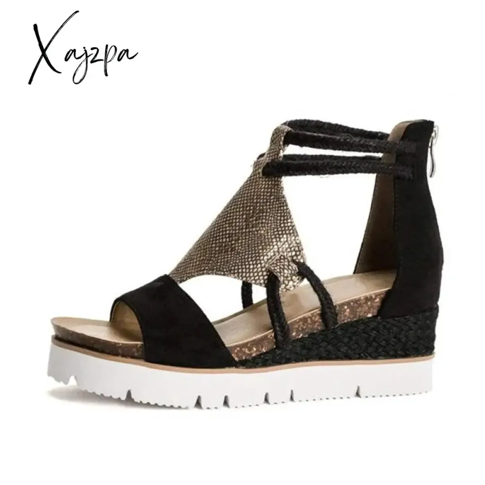 Xajzpa - Summer Women Sandals Peep Toe Leopard Wedge Platform Sandals Ladies Straw Bottom Slip On Beach Shoes Female Plus Size