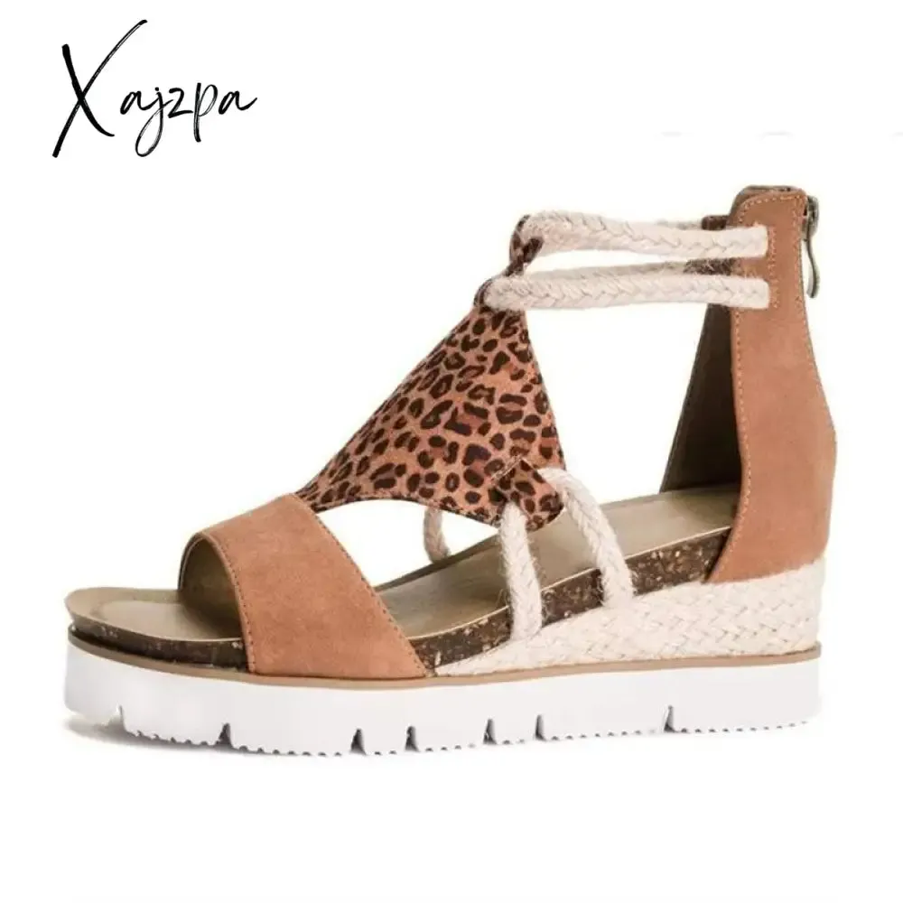 Xajzpa - Summer Women Sandals Peep Toe Leopard Wedge Platform Sandals Ladies Straw Bottom Slip On Beach Shoes Female Plus Size