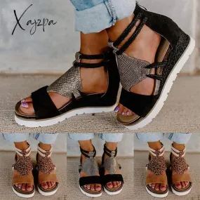 Xajzpa - Summer Women Sandals Peep Toe Leopard Wedge Platform Sandals Ladies Straw Bottom Slip On Beach Shoes Female Plus Size