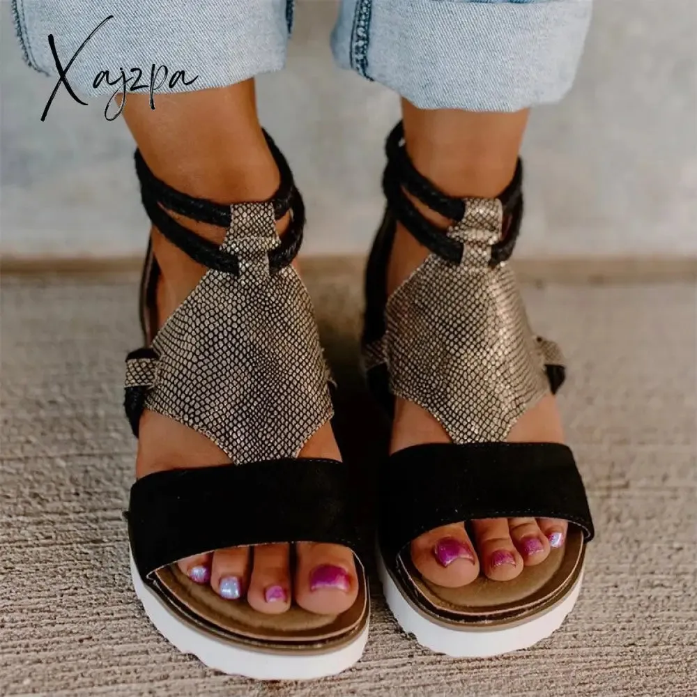 Xajzpa - Summer Women Sandals Peep Toe Leopard Wedge Platform Sandals Ladies Straw Bottom Slip On Beach Shoes Female Plus Size